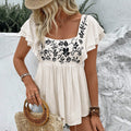 European and american cross-border women's lace square neck short sleeve embroidered blouse - new  spring/summer cool & casual style