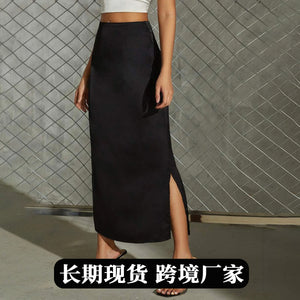 European and american cross-border women's slit satin midi skirt -  summer new arrival, versatile satin-like silk maxi skirt