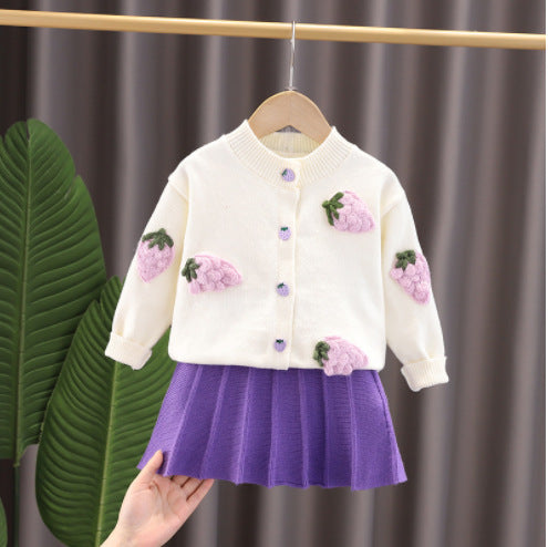 Kids' knitted sweater dress -  new girls' fruit & handmade flower set - baby fashion outfit top & skirt set