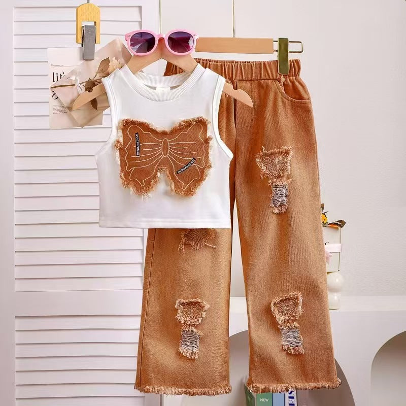 Children'sclothingsummer patch bow sleeveless tops+pink ripped denim pants set