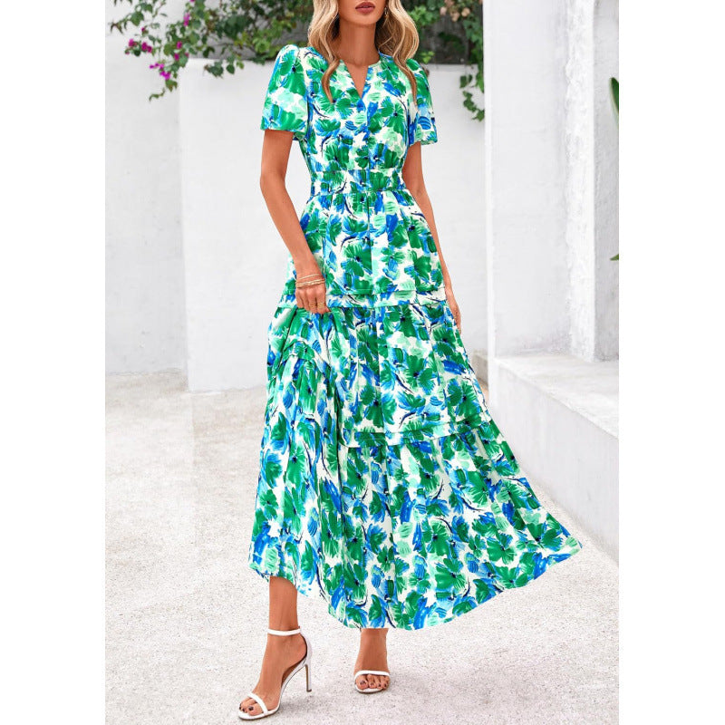 european and american retro floral short-sleeve v-neck dress - women's  summer new arrival a-line flowy vacation dress