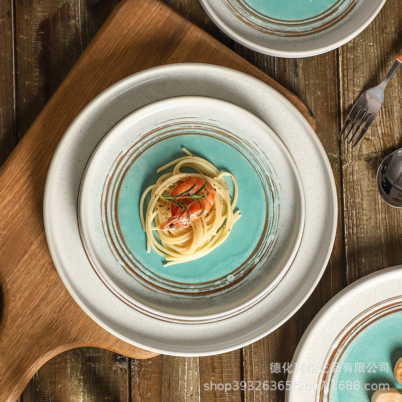 Japanese retro ceramic plate creative steak plate hotel commercial western food plate for home rice plate vegetable flat plate wholesale