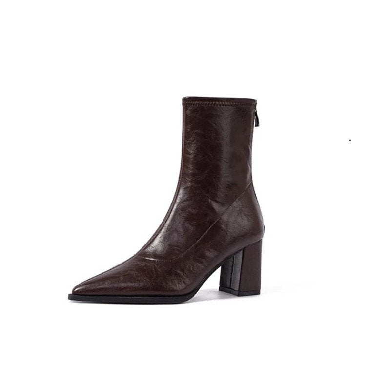 Women's ankle boots - high heel, spring/autumn  new collection, versatile french style, chunky heel, elastic pointed toe, slim fit - cross-border e-commerce