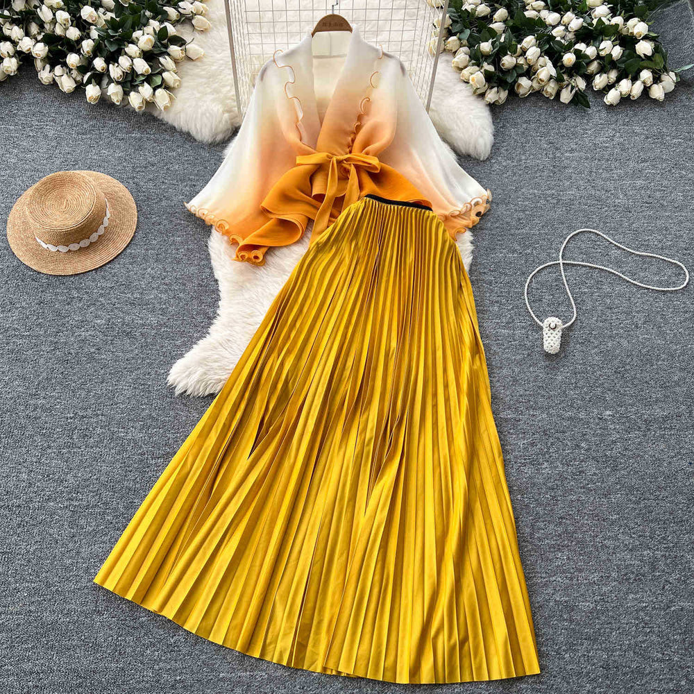 Fashion pleated suit women's strappy waist gradient color pressed pleated cardigantopshigh waistpleated skirttwo-piece set