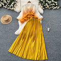 Fashion pleated suit women's strappy waist gradient color pressed pleated cardigantopshigh waistpleated skirttwo-piece set