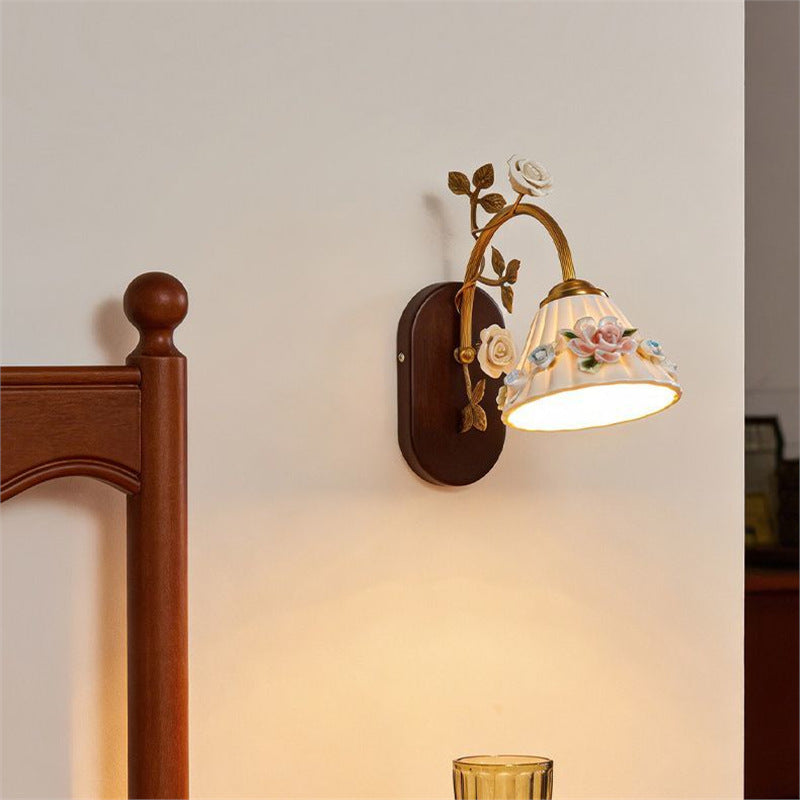 Nordic french retro pastoral style bedroom bedside wall lamp minimalist ceramic flower corridor aisle light