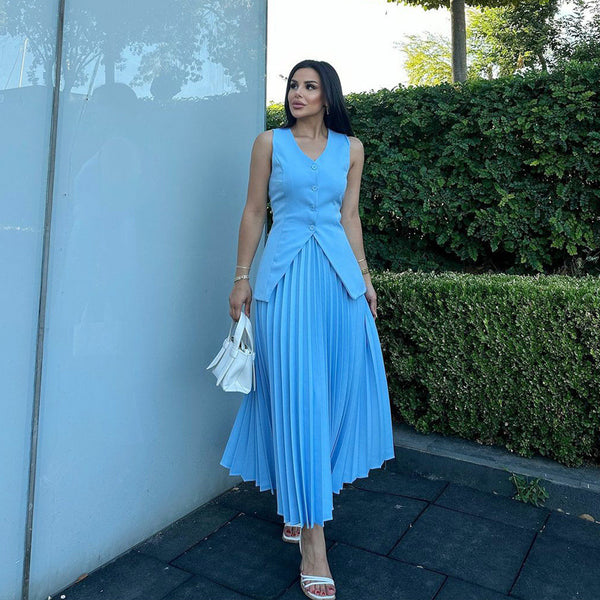 European and American women's clothing fashionable and sexy sleeveless vest V-neck button top pleated skirt African new two-piece set