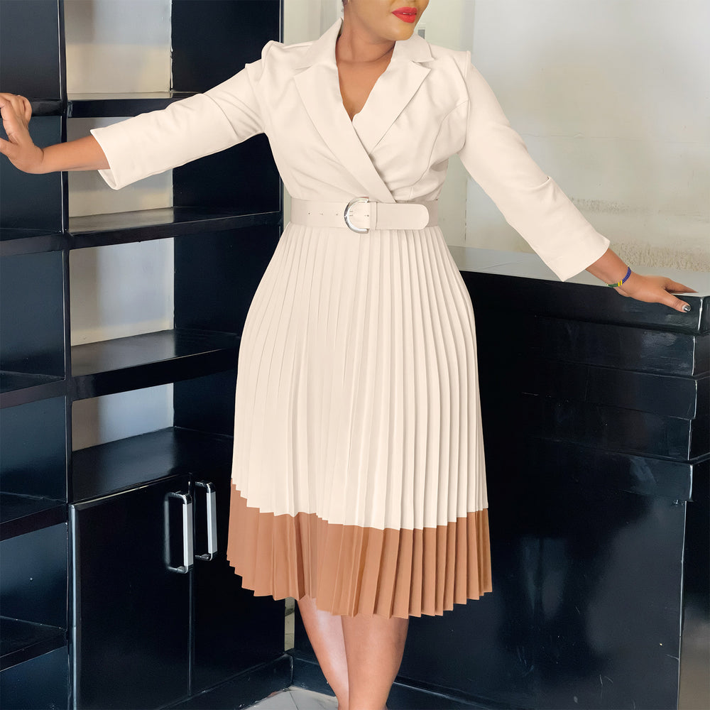 D3318  cross-border women's spring blazer collar fashion color block ol elegant pleated high waist african dress