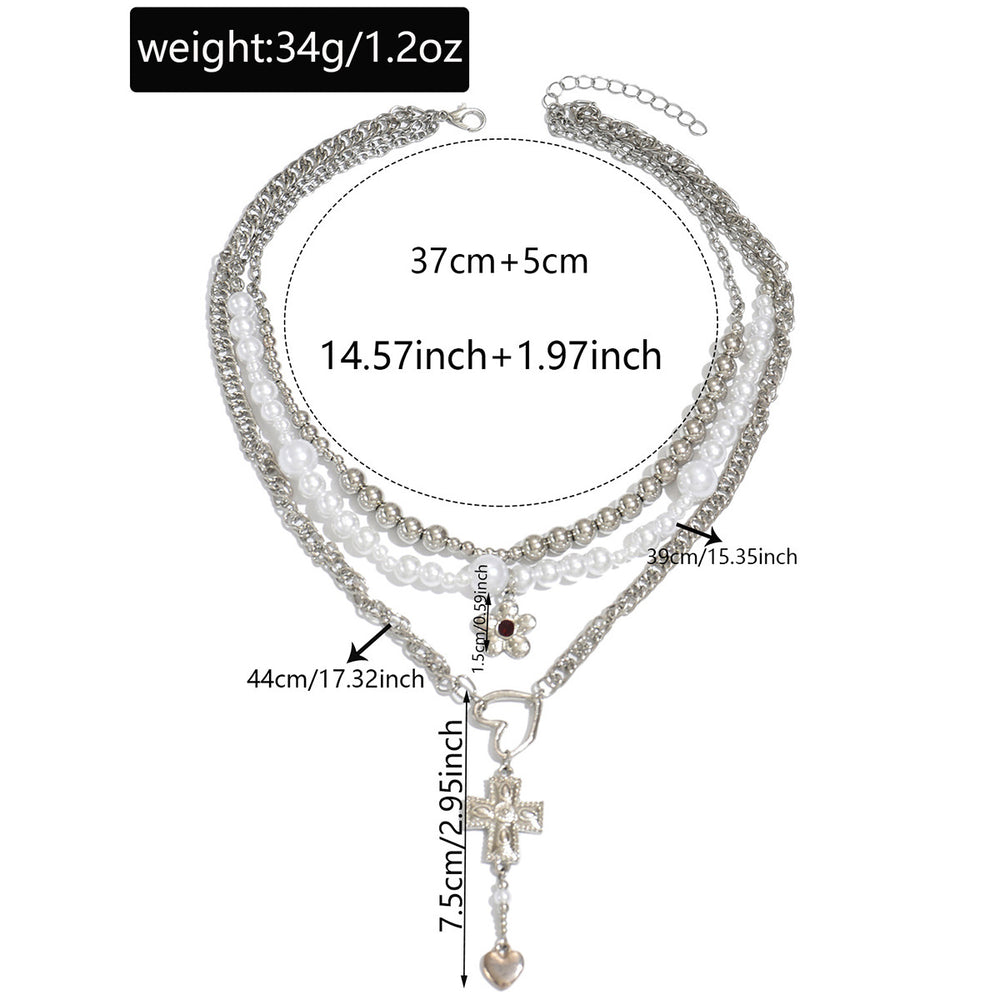 European and american cross-border trendy heavy-duty cross & heart pendant necklace, multi-layered design with floral and pearl accents