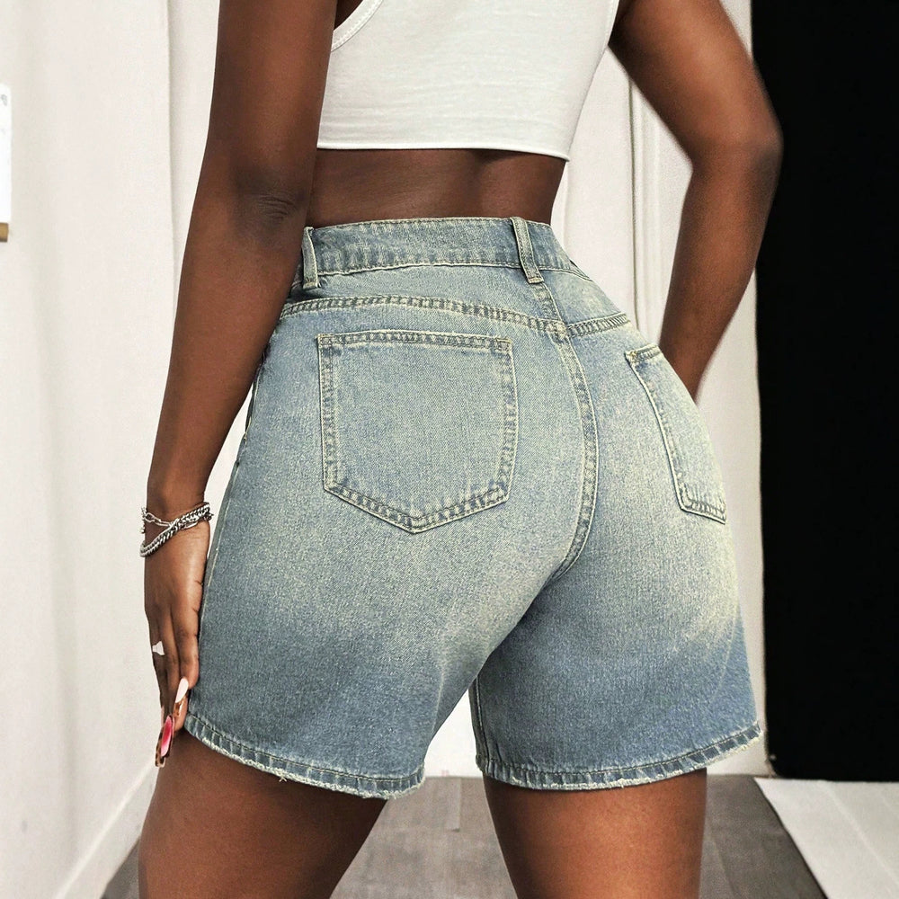 European and american style women's distressed denim shorts - vintage high-waisted straight-leg jeans