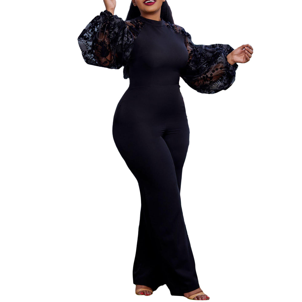 women's fashion: european and american plus-size,  spring new arrivals. stylish and elegant mesh ol puff-sleeve wide-leg jumpsuit for export