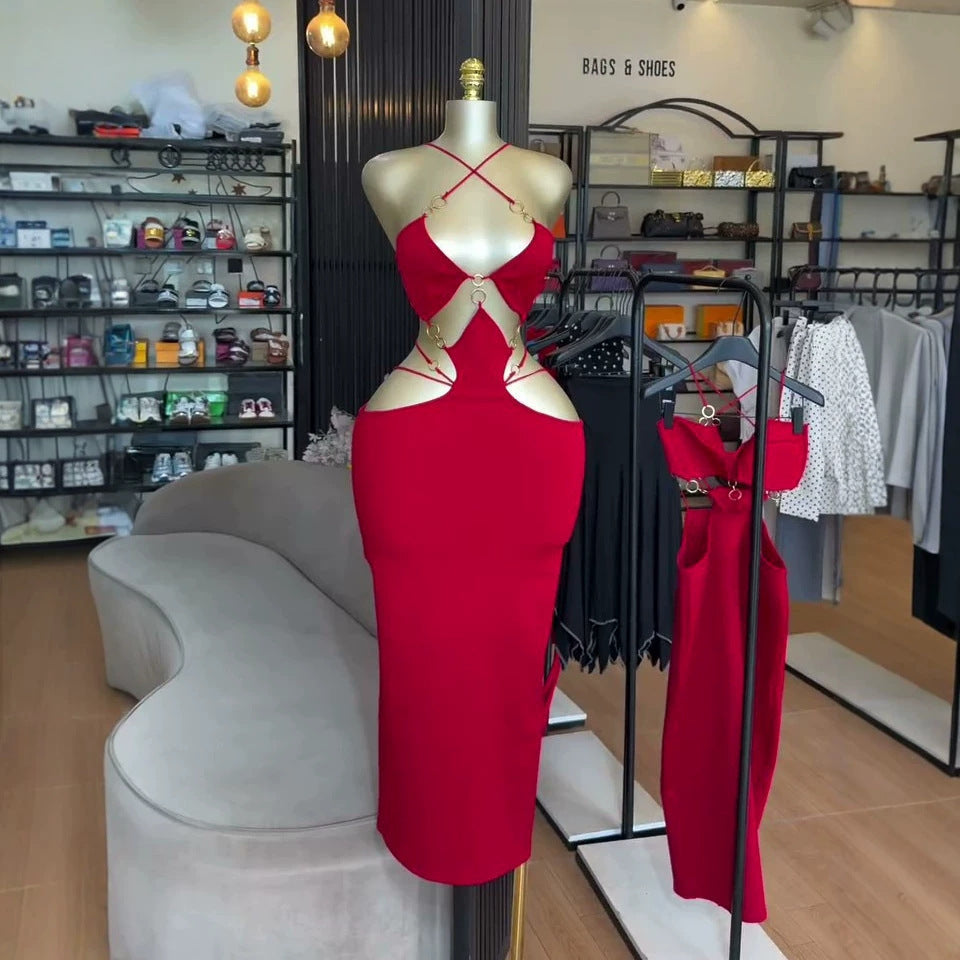 European and american cross-border women's fashion:  summer new arrivals - sexy and elegant ring-embellished, slim-fit, backless cami dress