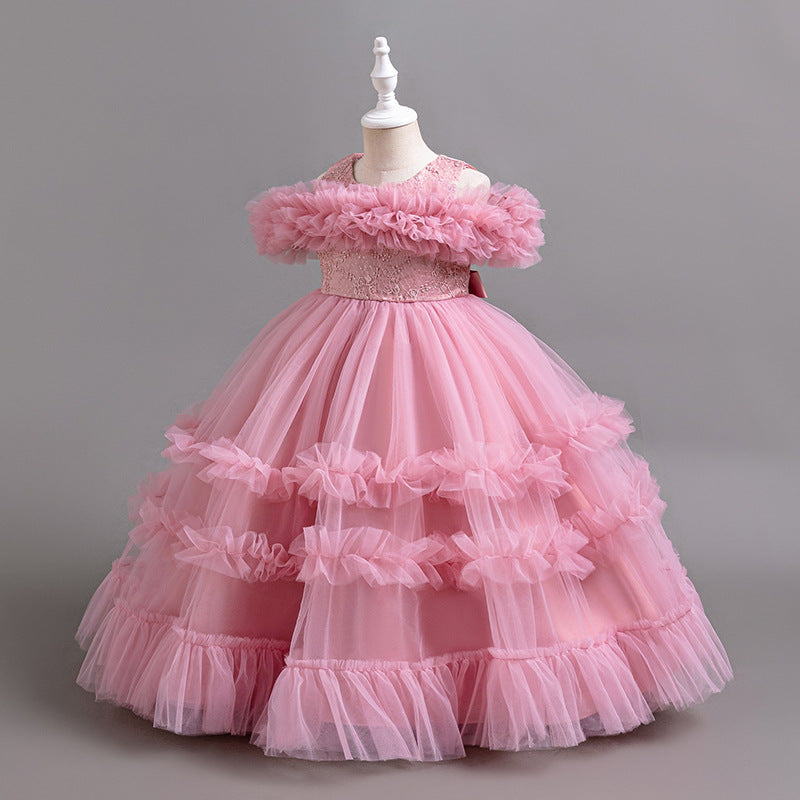 Export cross-border fashion style girl dress long piano performance flower girl wedding dress tutu skirt birthday in stock hot sale