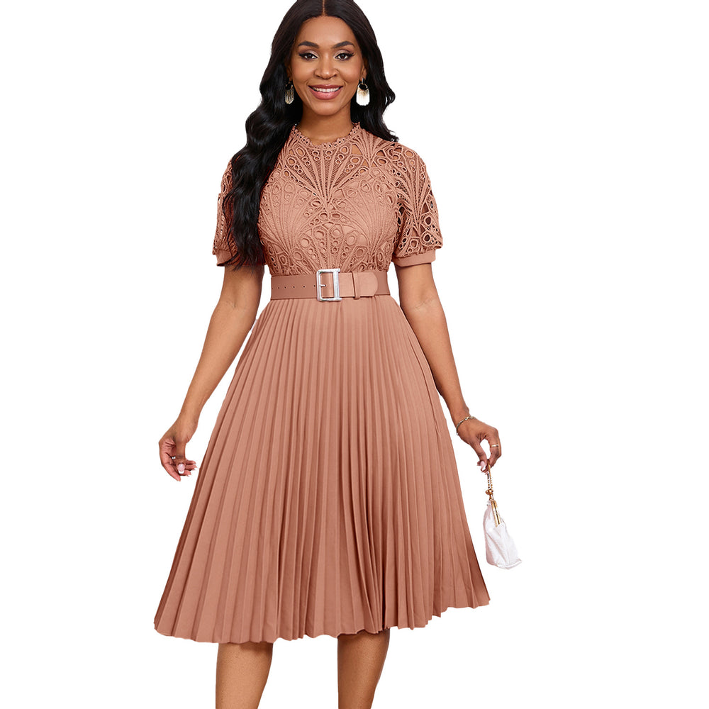 D499 european and american style women's  new short-sleeve lace trim pleated african dress - cross-border evening gown