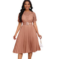 D499 european and american style women's  new short-sleeve lace trim pleated african dress - cross-border evening gown