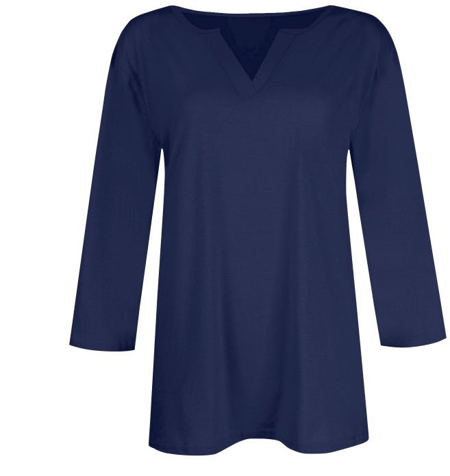 cross-border women's v-neck 3/4 sleeve solid color t-shirt top