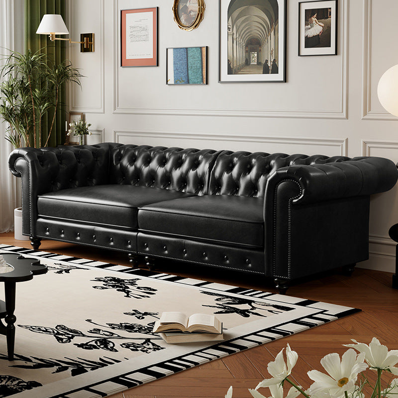 American retro sofa oil wax leather living room house hotel club medieval style straight black buckle sofa furniture