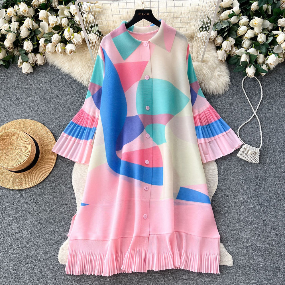 French retro chic pleated print women's summer loose fit slimming casual tiered waist midi dress