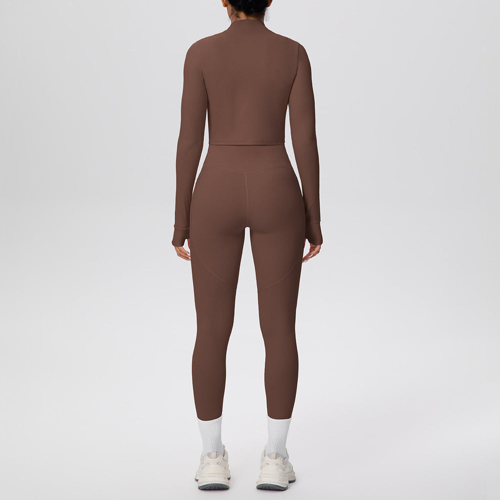 Ready-to-ship cross-border solid color brushed micro-fleece short jacket & leggings set - tight fit, pocketed, perfect for running, fitness, and yoga