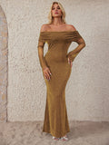 new european and american style women's winter one-shoulder mesh dress with silver thread, waist-cinching, and bodycon design