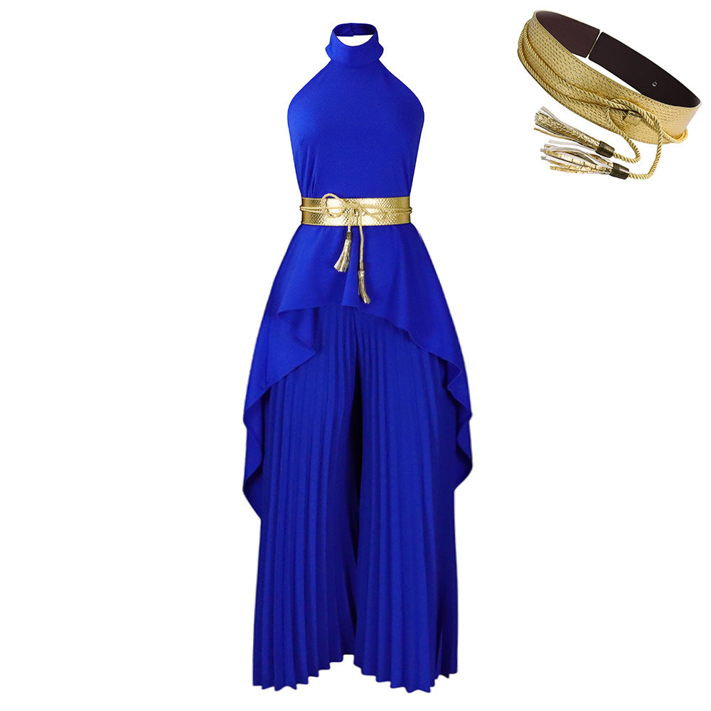 C8534p with belt cross-border summer fashion two-piece sleeveless backless asymmetrical long skirt wide-leg pants european and american suit