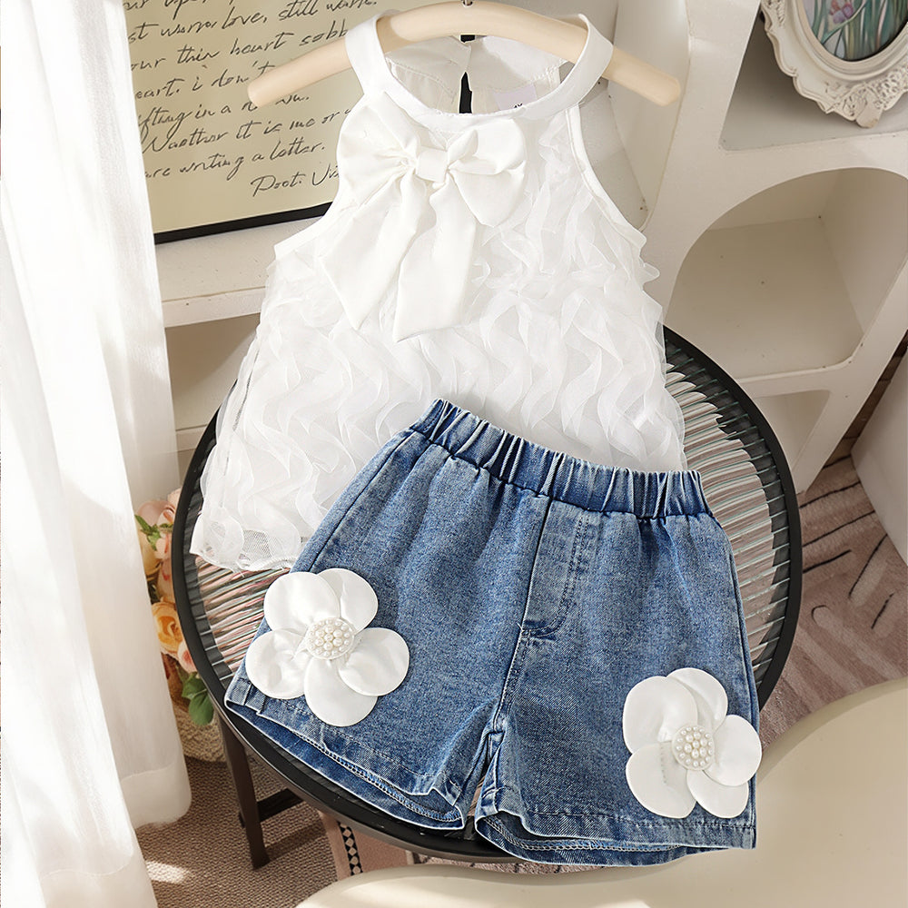 Children's clothing cross-border european and american girls white sleeveless vest + blue shorts two-piece set