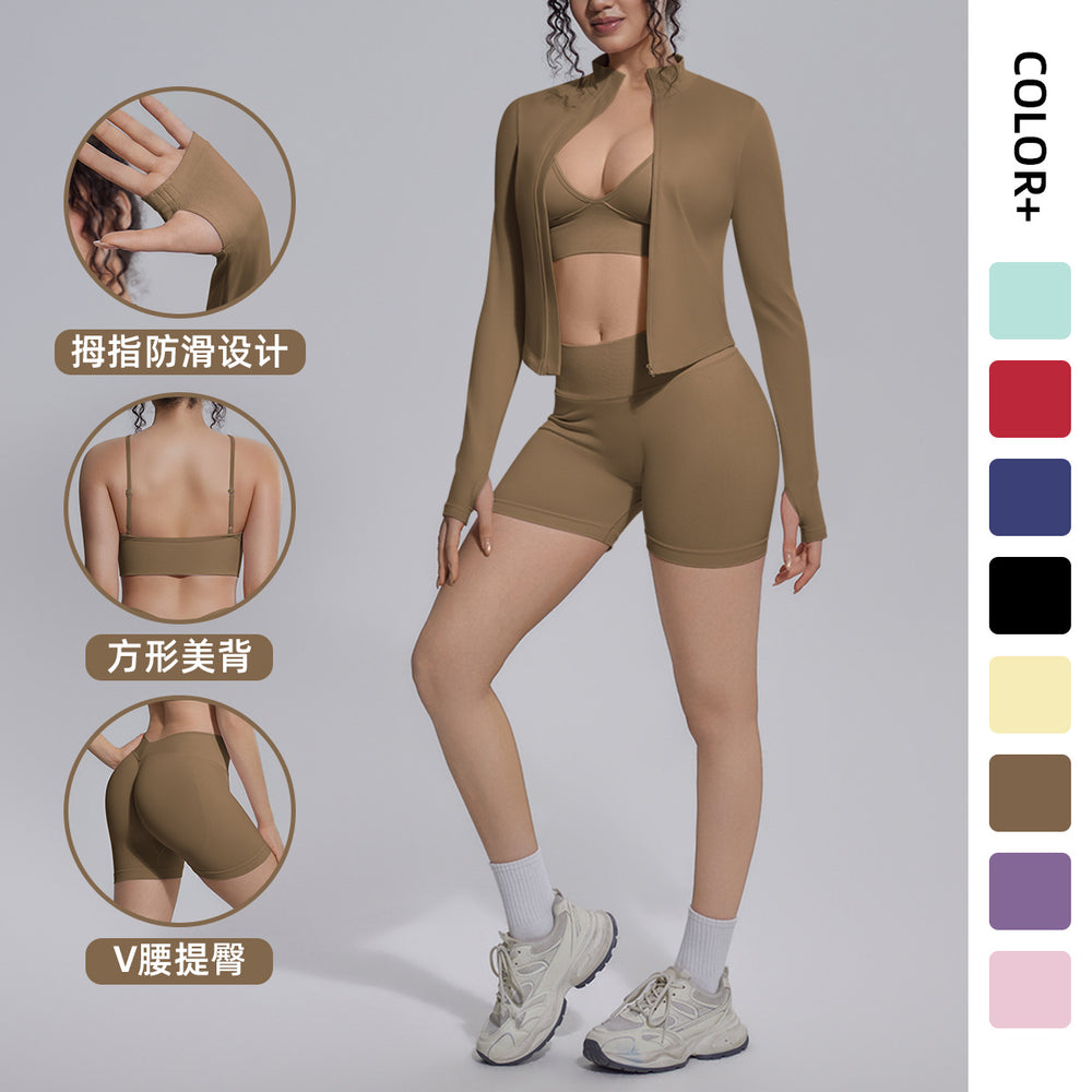 New seamless solid color high-waisted leggings, high-stretch backless shorts, and sports bra 3-piece set for running, fitness, and yoga