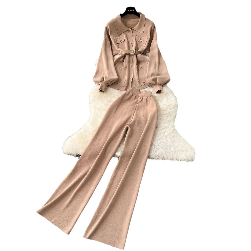 High-end socialite style women's winter new arrival: metallic buckle tie-waist long-sleeved knit top with high-waisted wide-leg pants