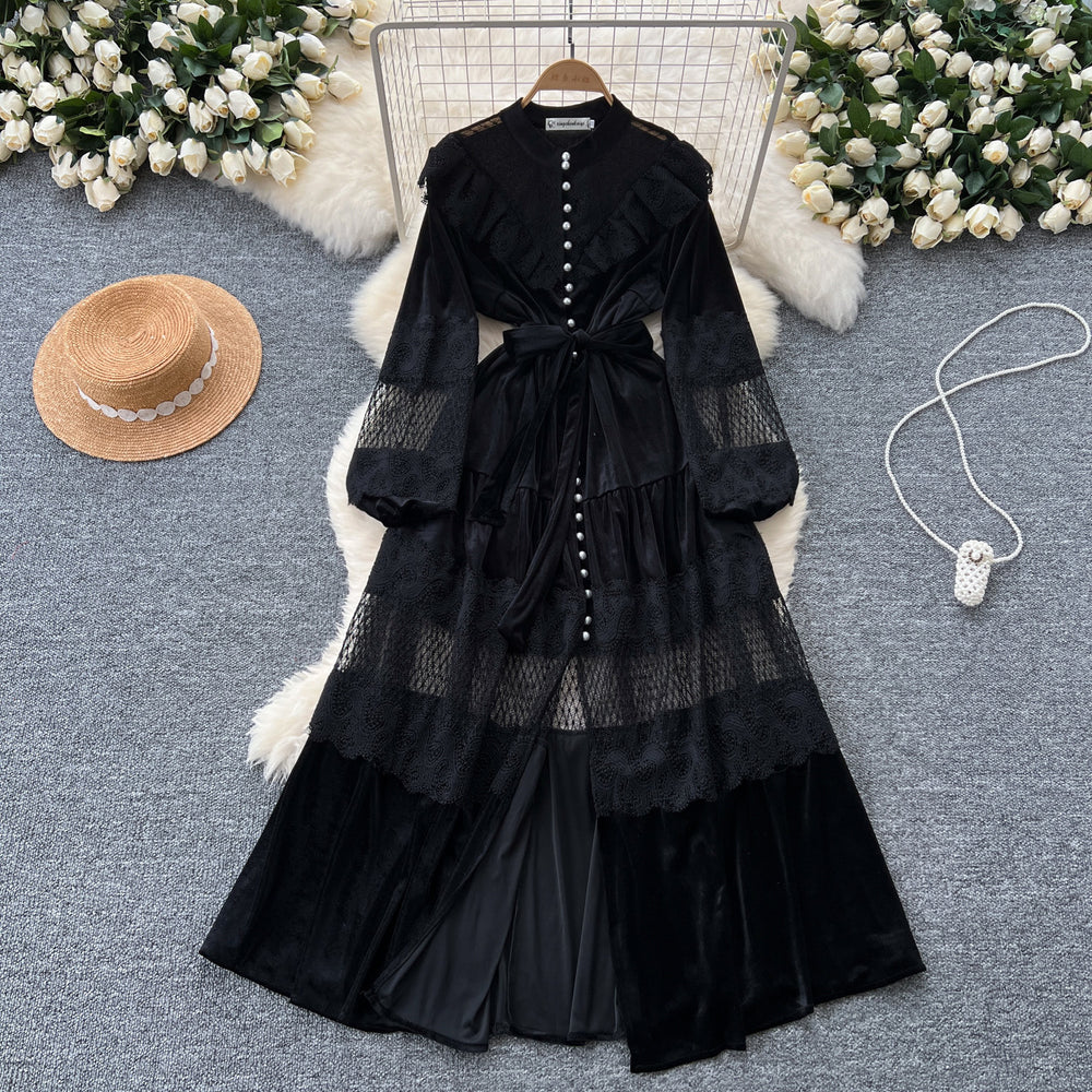 Palace style dress women's frenchretrofashion stand collar pearl single breasted lacepatchwork velvet long skirt