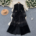 Palace style dress women's frenchretrofashion stand collar pearl single breasted lacepatchwork velvet long skirt