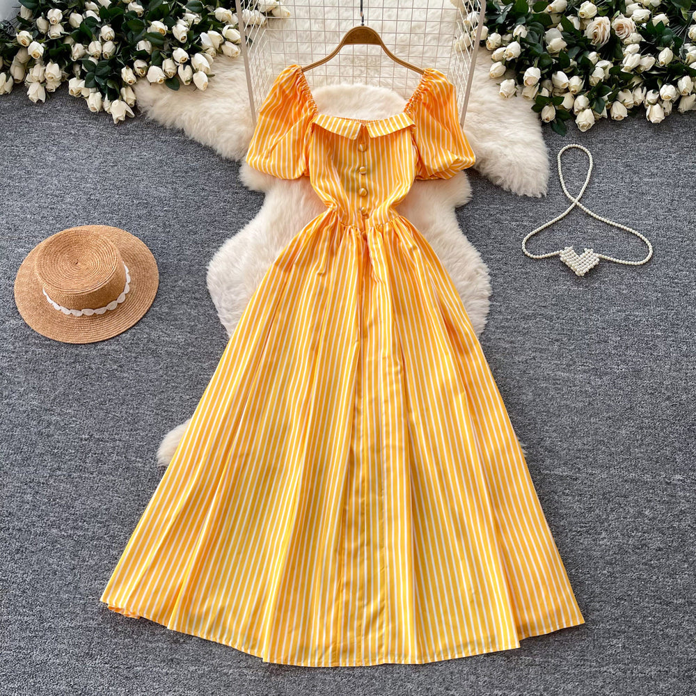 French square neck puff sleeve striped dress - women's summer korean style a-line midi dress for date night