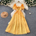 French square neck puff sleeve striped dress - women's summer korean style a-line midi dress for date night