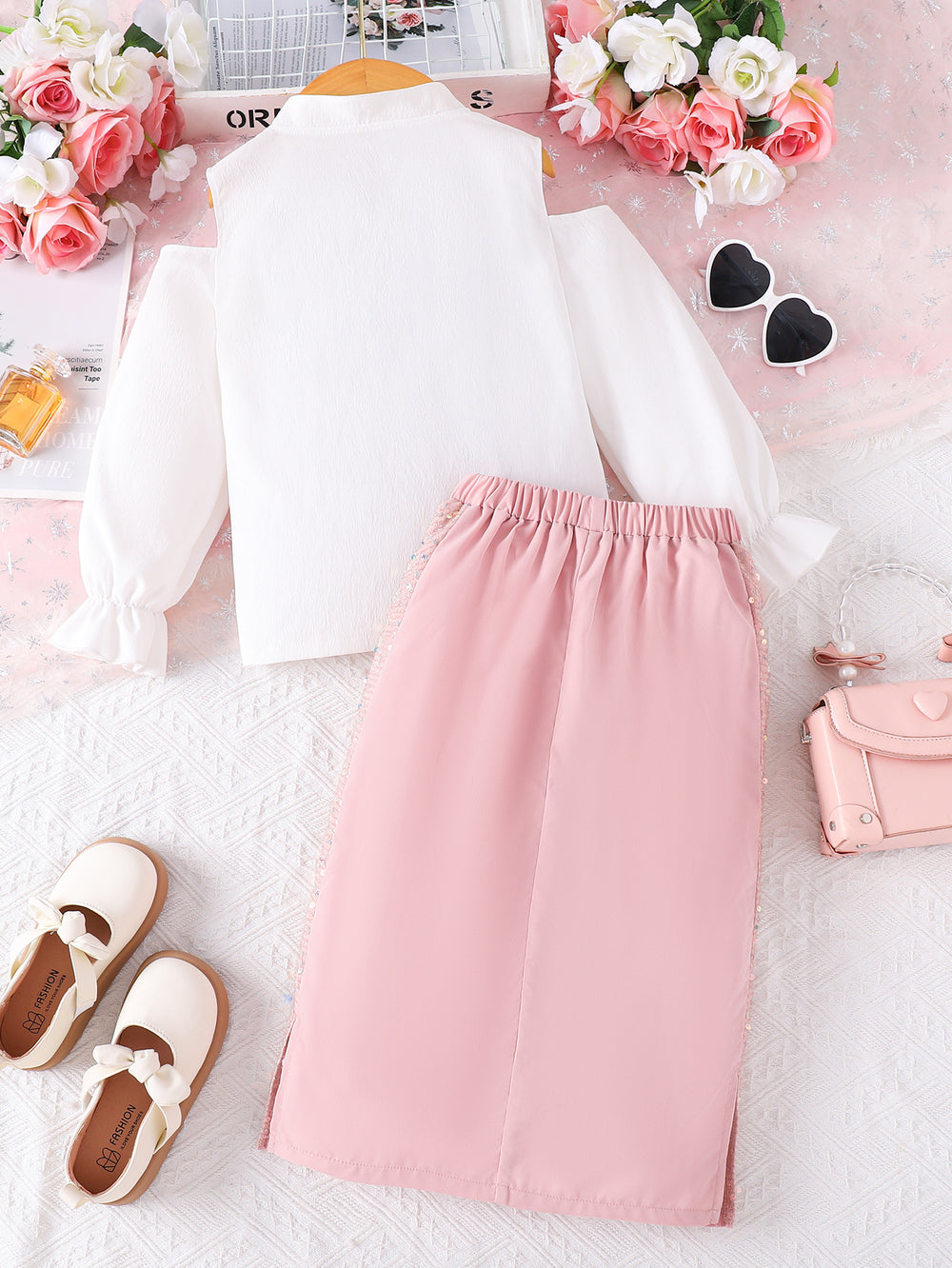 girls' skirt set: long-sleeve blouse with off-shoulder design and pink sequin midi skirt - autumn two-piece outfit for kids