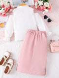 girls' skirt set: long-sleeve blouse with off-shoulder design and pink sequin midi skirt - autumn two-piece outfit for kids