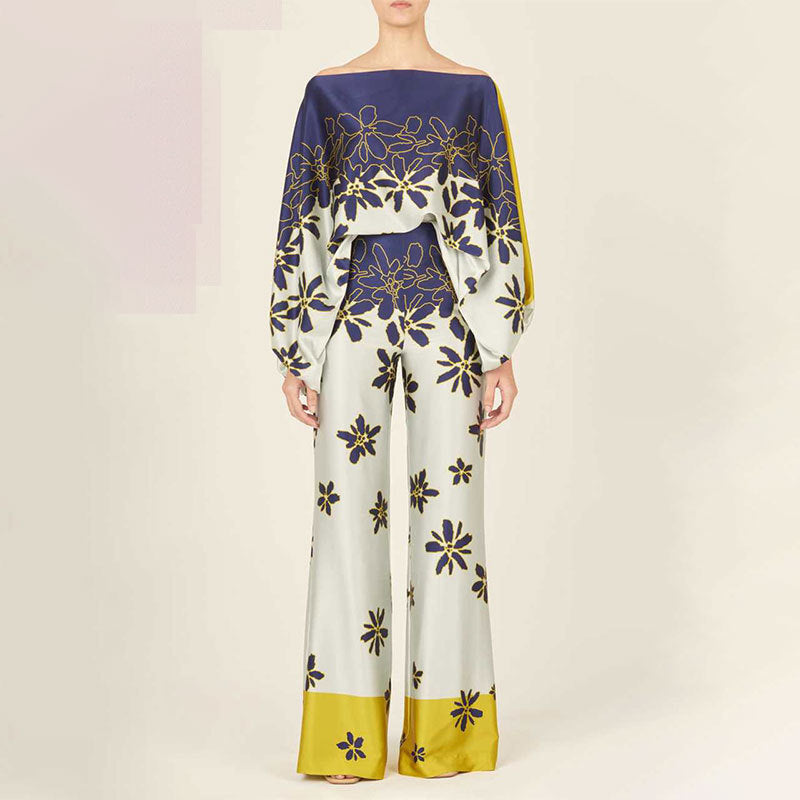 cross-border e-commerce european and american women's clothing: new summer collection - printed off-the-shoulder loose batwing sleeve wide-leg pants set