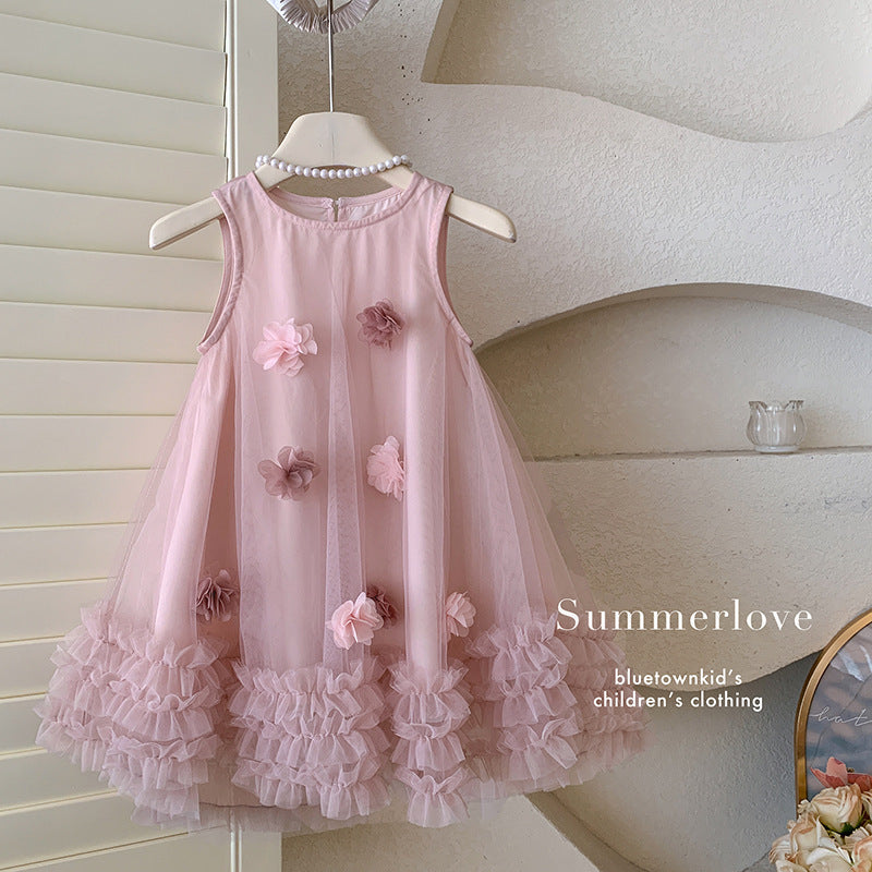 summer girls' sleeveless elegant 3d floral mesh dress - sweet and stylish for little girls