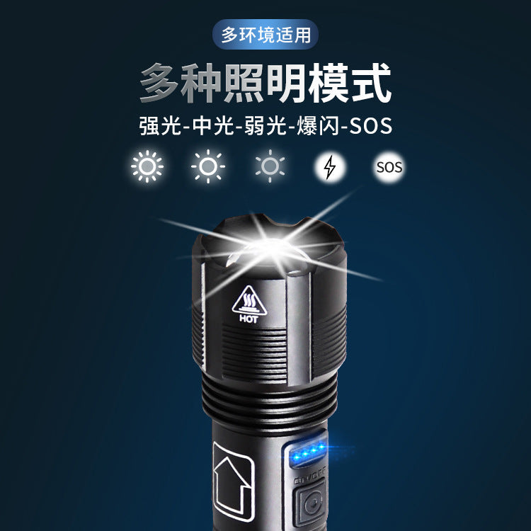 Cross-border new XHP-70 strong light telescopic zoom with pen buckle, power display tybe-c USB charging flashlight
