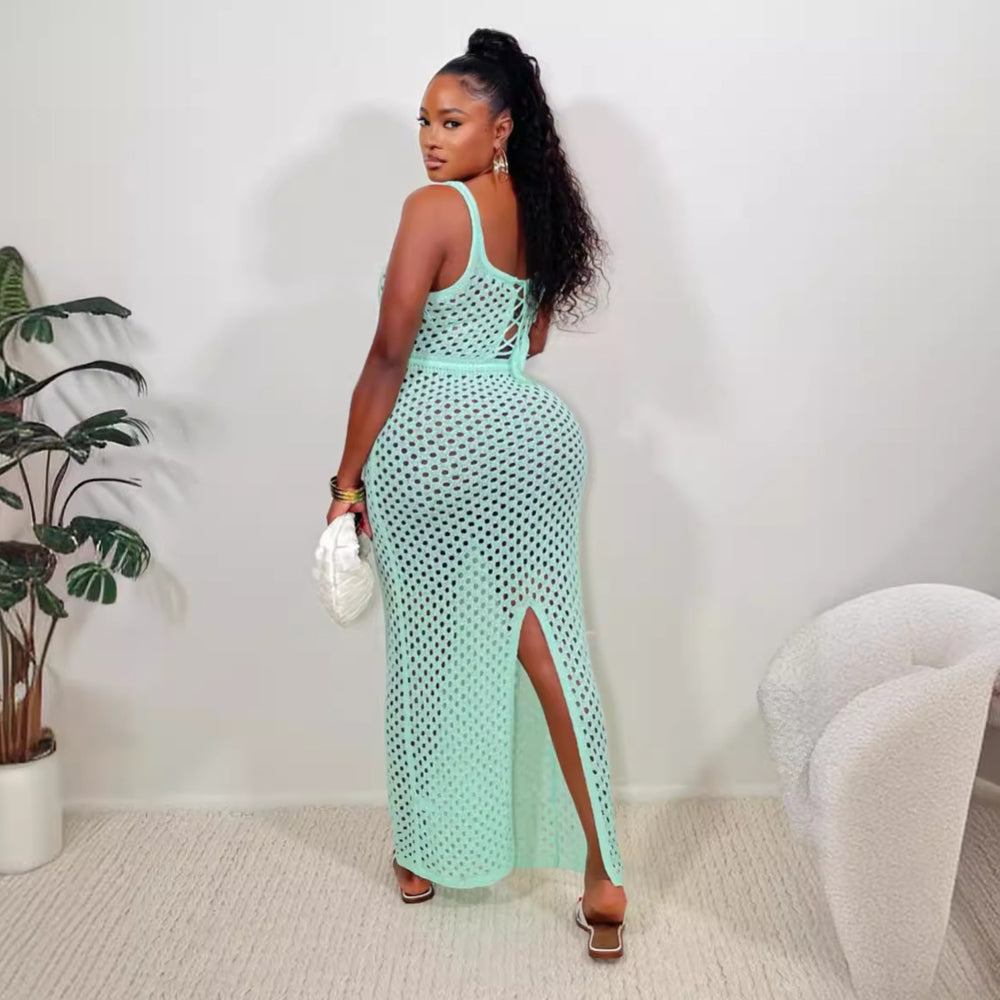Amazon hot seller:  summer new women's tie-up mesh tank top & bodycon knit beach maxi dress
