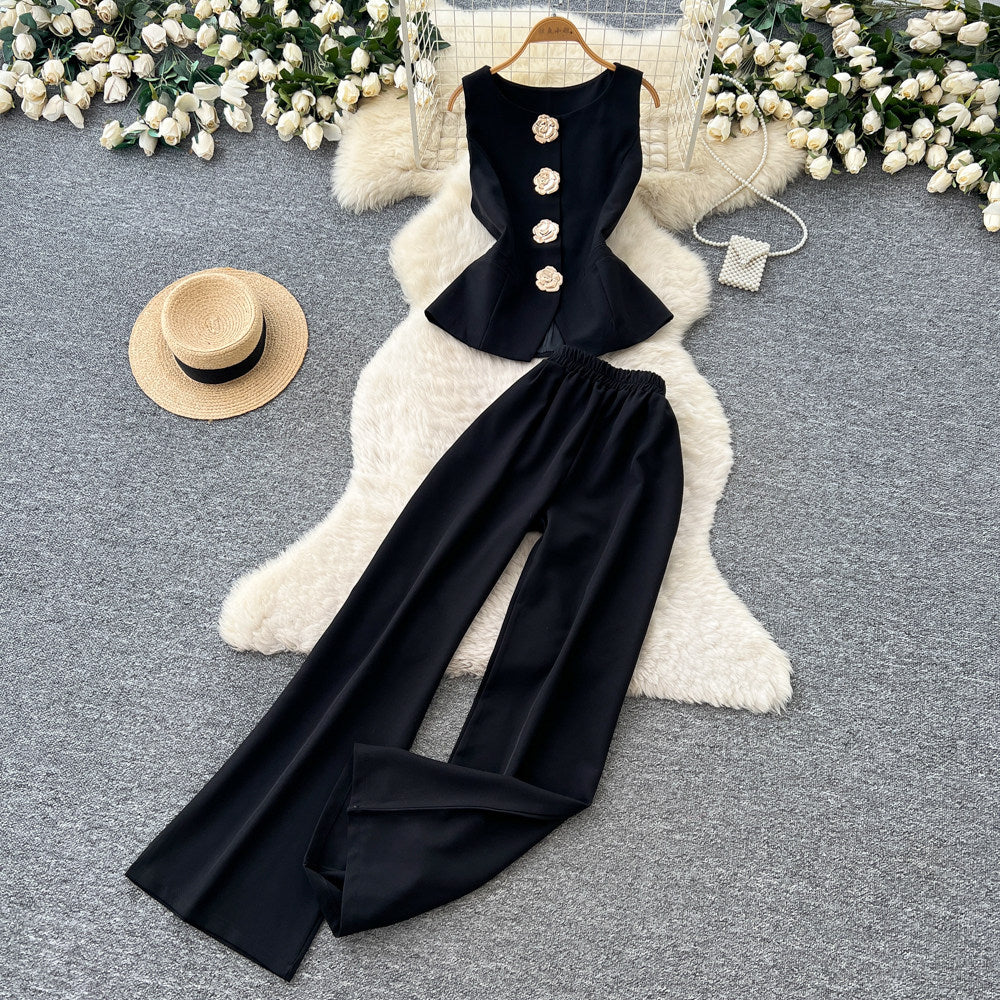 European and american cross-border fashion design: 3d floral patchwork tank top + high-waisted slimming wide-leg pants spring/summer set