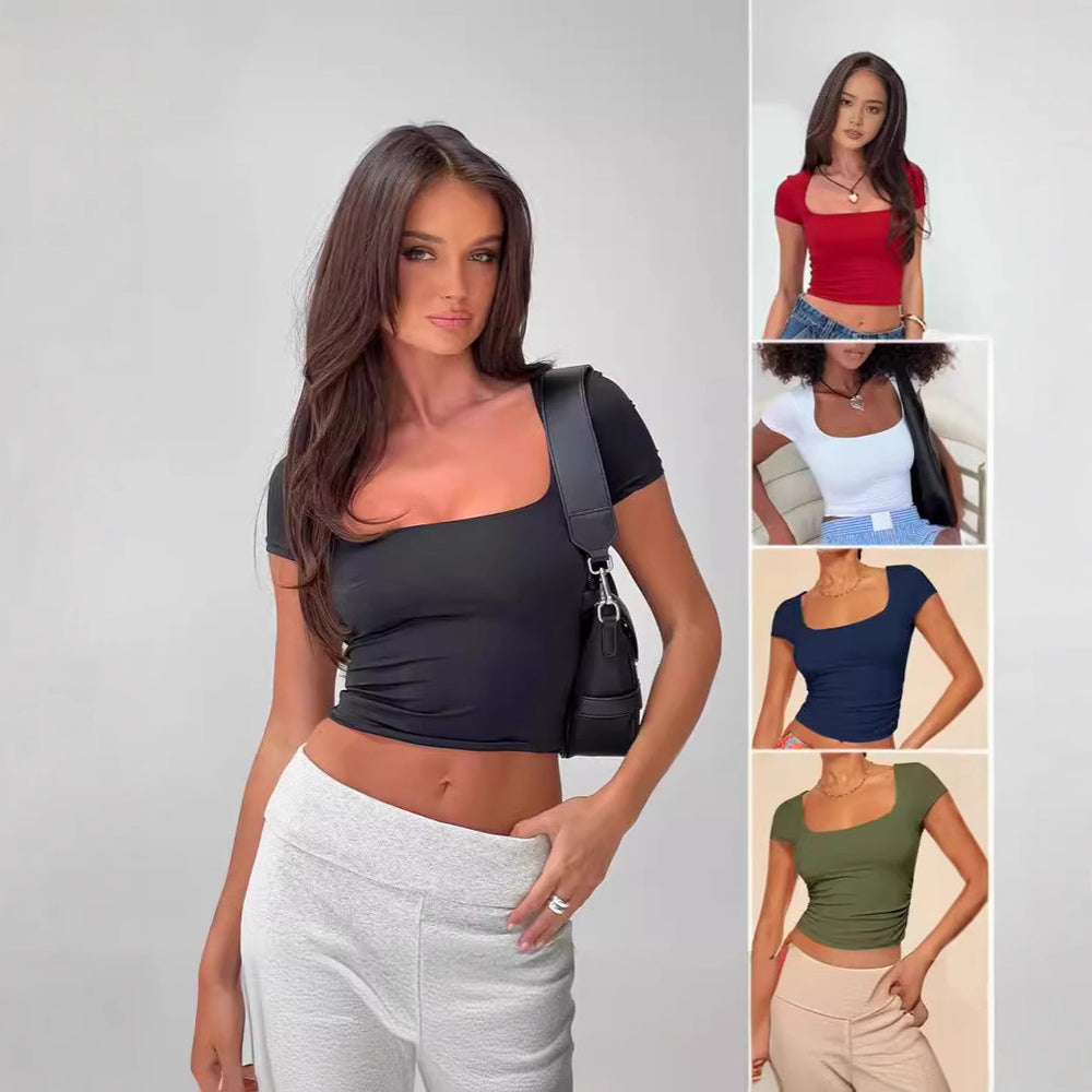 hot-selling new women's fashion: european and american slim-fit solid color short-sleeve summer square neck casual t-shirt for women
