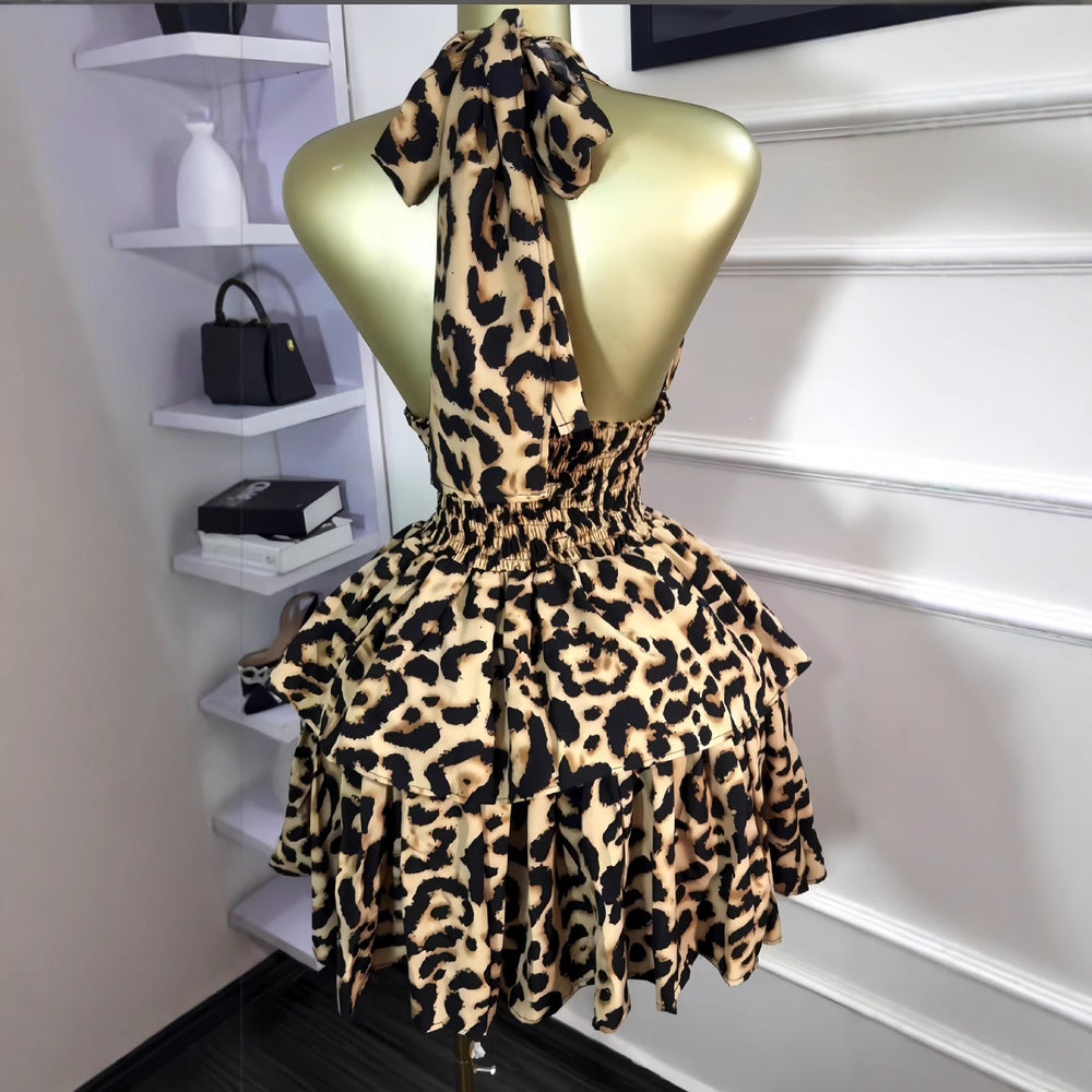 European and american cross-border women's fashion:  early summer new sleeveless halter leopard print cinched waist ruched puffy mini dress