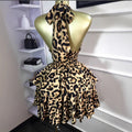 European and american cross-border women's fashion:  early summer new sleeveless halter leopard print cinched waist ruched puffy mini dress