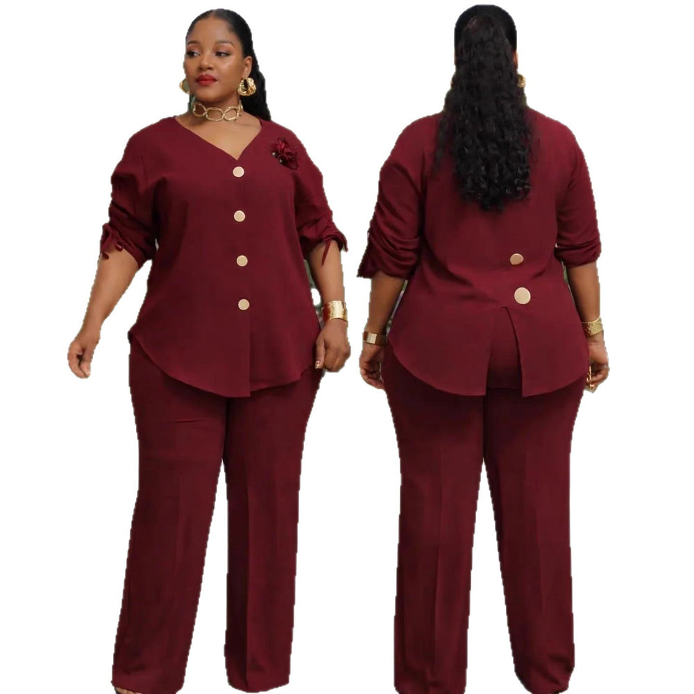 European and american cross-border african women's clothing  spring new fashion v-neck solid color long sleeve top and high-waisted pants set
