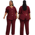 European and american cross-border african women's clothing  spring new fashion v-neck solid color long sleeve top and high-waisted pants set