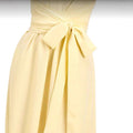 Women's light yellow elegant summer tropical resort tea dress - textured fabric, round neck, tie-waist, a-line silhouette