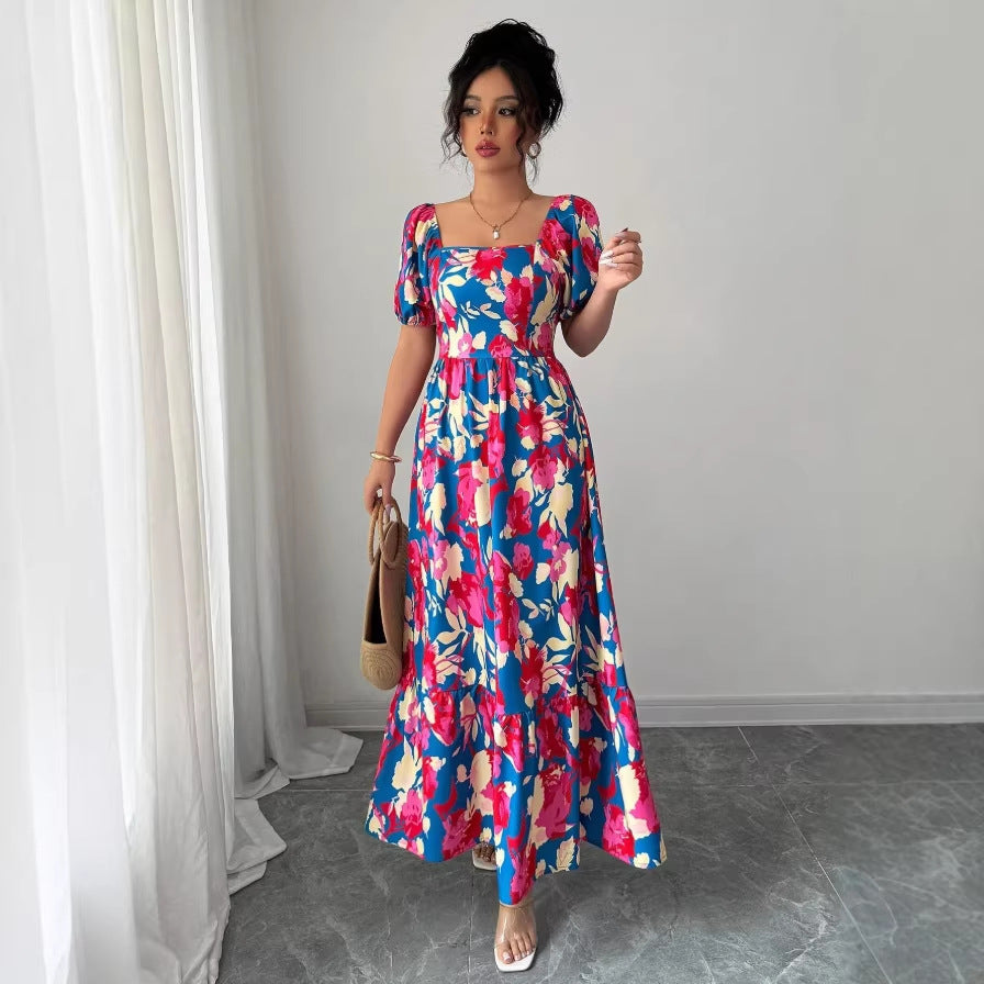 new european and american print ruffle trim square neck puff sleeve dress