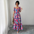 new european and american print ruffle trim square neck puff sleeve dress