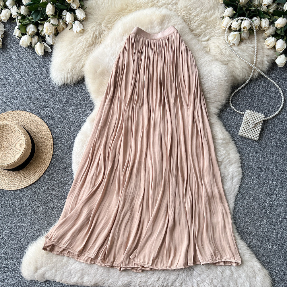 K-style high waist pleated elastic waist skirt women's summera-shaped pleated large hem work clothingelegant long skirt multi-color