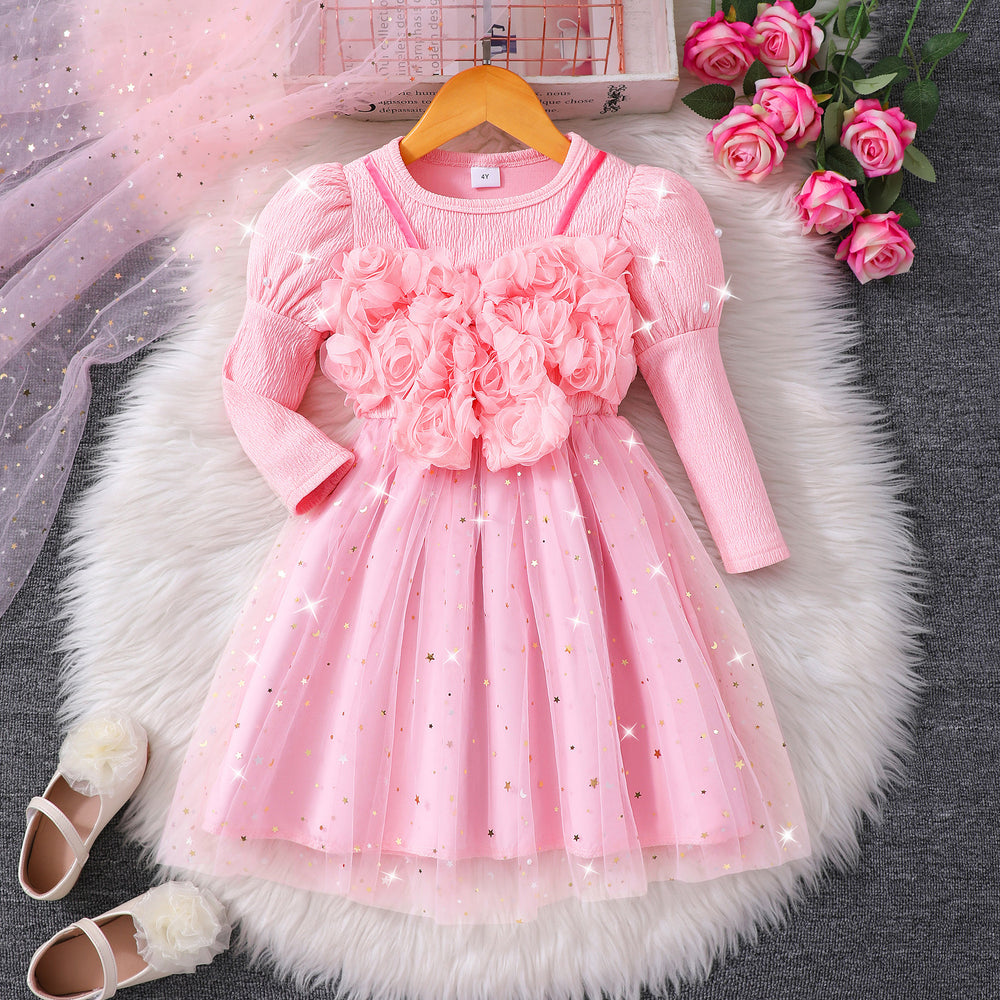 Girls' dress for toddlers and young children, 3d floral mesh dress gown