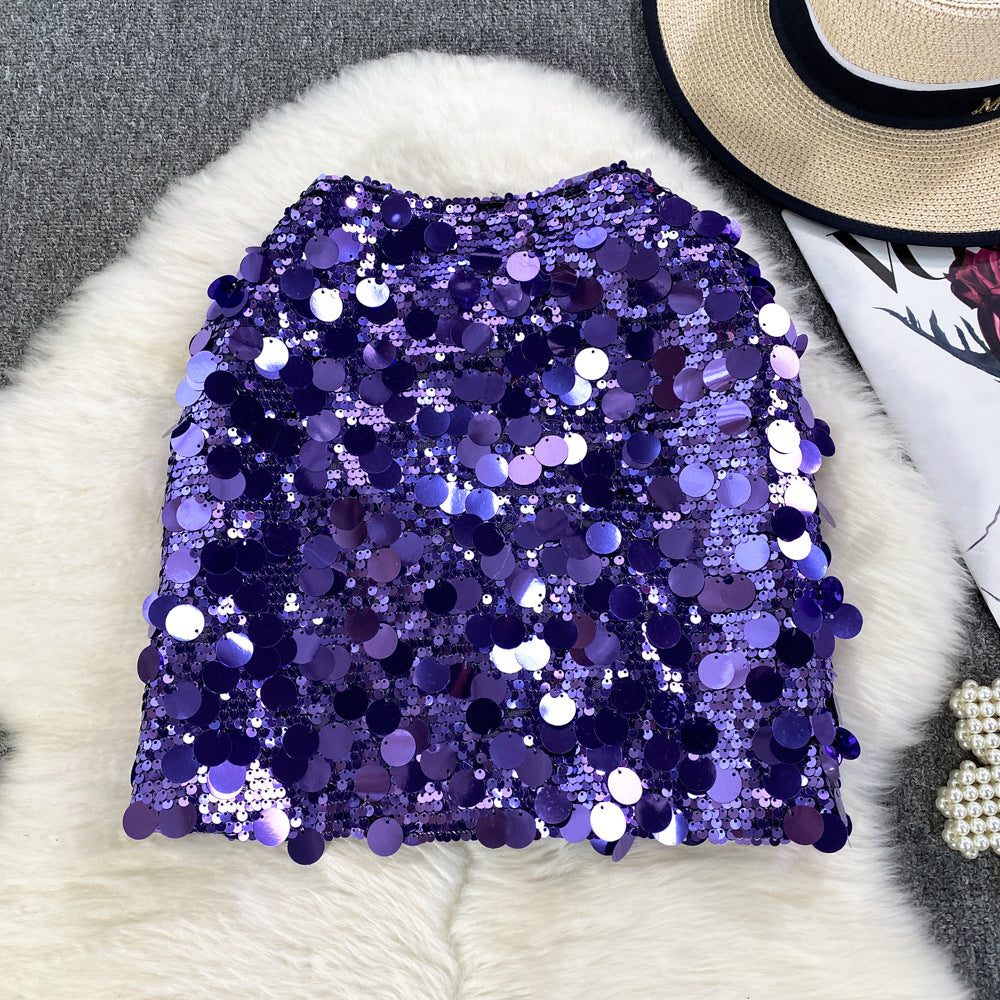 Classy fashion sequin skirt women's summerhigh waista-line miniskirt petites hip-covering one-step skirt